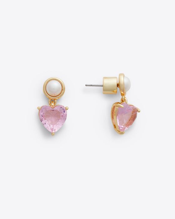 Pink heart-shaped dangling earrings with a pearl post