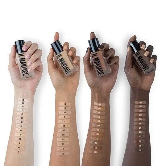 Swatches of the foundation on a range of skin tones from light to dark