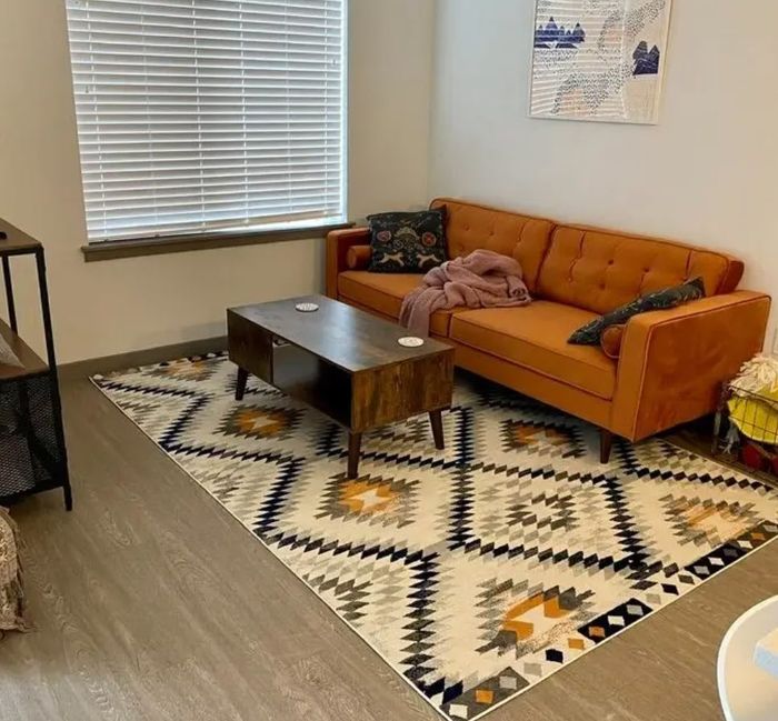 velvet orange sofa in a cozy living room setting