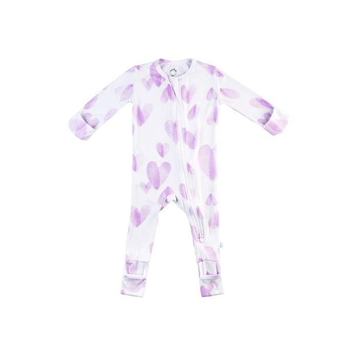 Sleeper pajamas featuring purple hearts all over.