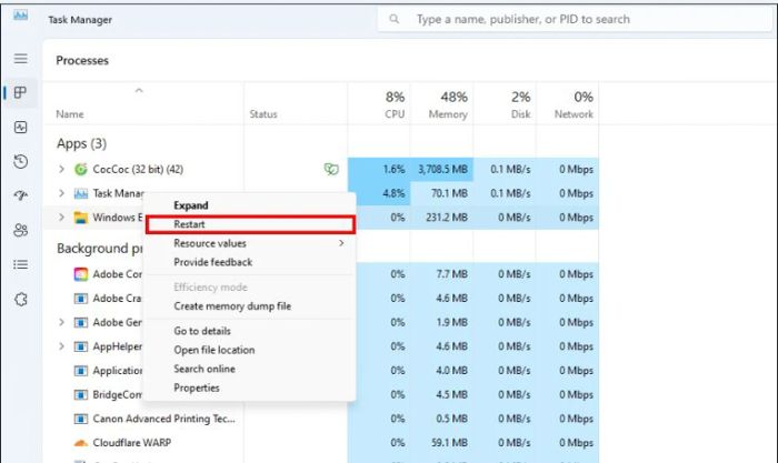 Khởi động lại quy trình Windows Explorer để sửa lỗi 'Location is not available'