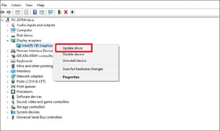 Nhấn chuột phải và chọn 'Update Driver'.