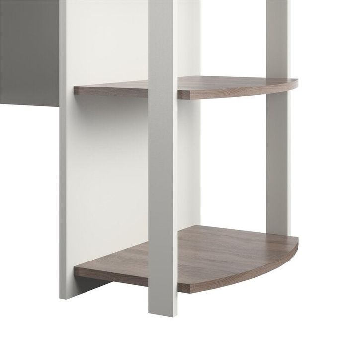 Close-up of the shelving feature on the desk
