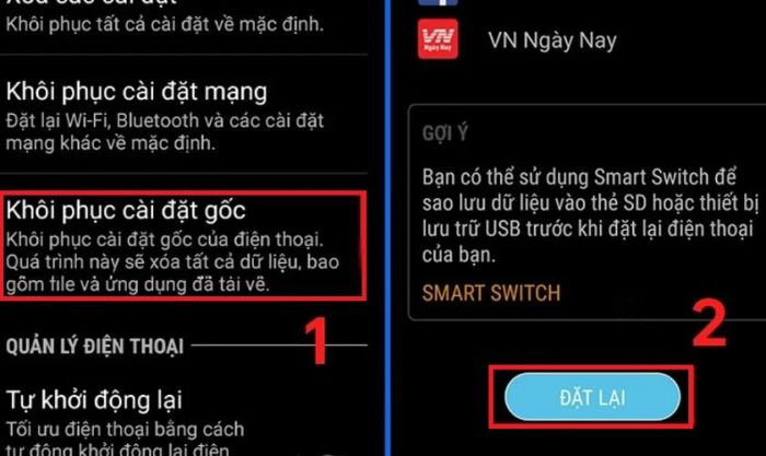 Chọn Khôi phục cài đặt gốc