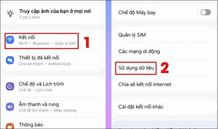 Vào phần Cài đặt trên điện thoại Samsung, chọn mục Kết nối, rồi chọn Sử dụng dữ liệu