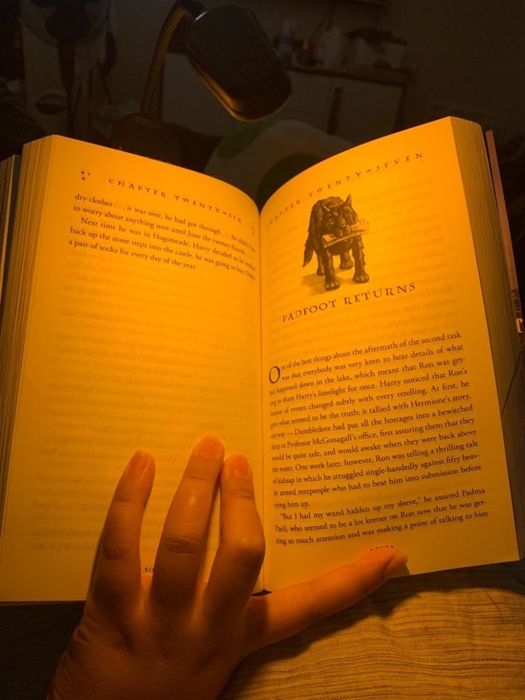 A reviewer using an amber clip-on light to read Harry Potter