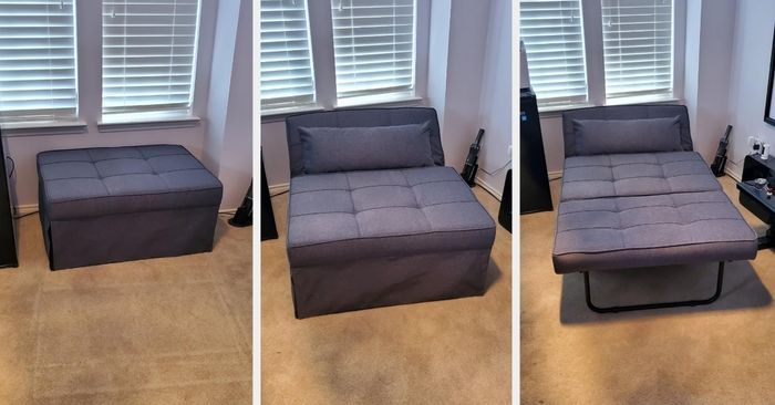 Three stages of a convertible ottoman-bed furniture set, shifting from ottoman to an extended sleeper bed