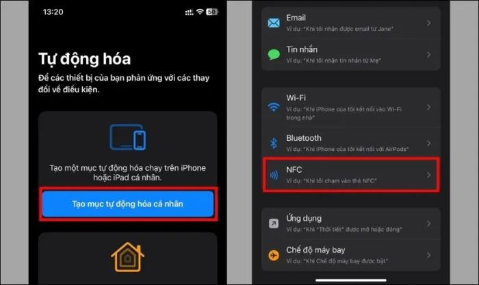 Chọn Tạo mục tự động hóa cá nhân để vào mục NFC trên iPhone
