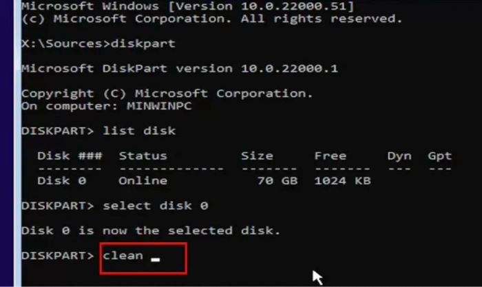 Để xóa toàn bộ dữ liệu trên ổ đĩa đã chọn, gõ lệnh clean và nhấn Enter