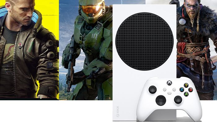 A white Xbox Series S placed in front of game screenshots