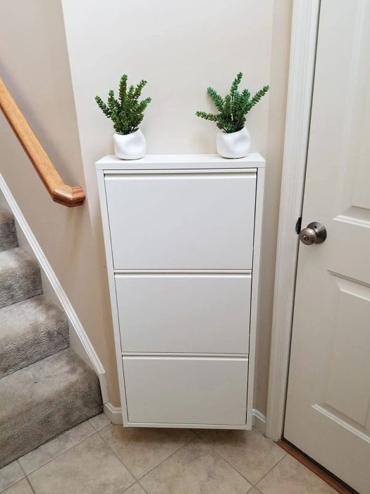 A closed three-drawer shoe organizer.