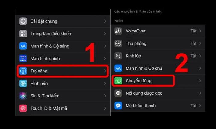 Trong phần Trợ năng, bạn tìm và chọn mục Chuyển động.