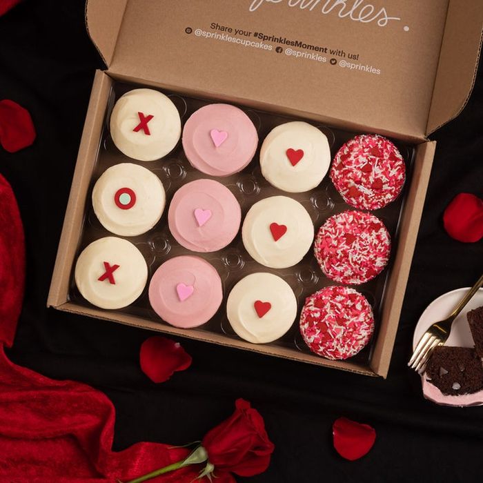 A box of Valentine's Day cupcakes