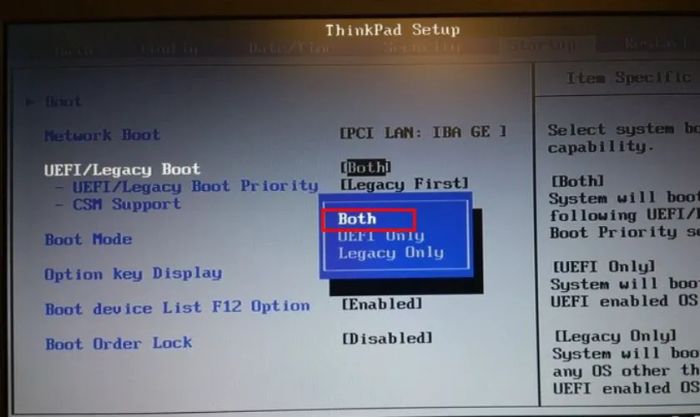 Một số BIOS cung cấp tùy chọn Both (Legacy và UEFI). Nếu có, bạn nên chọn mục này