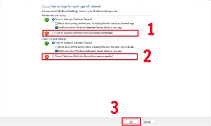 Tại đây, bạn cần chọn mục Turn off Windows Defender Firewall (not recommended)