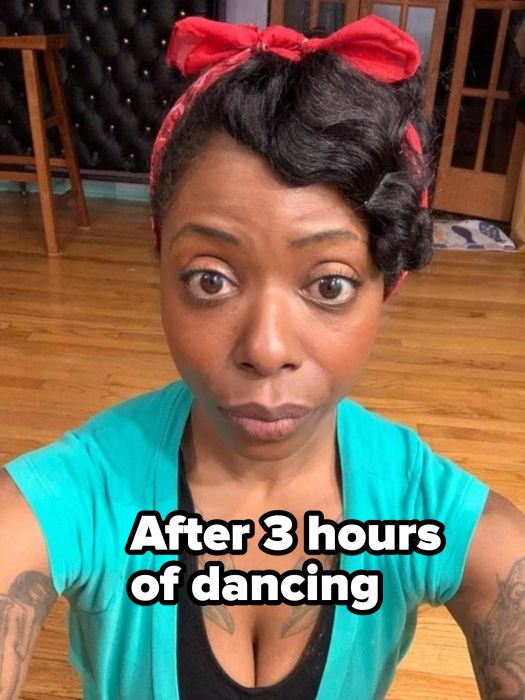 The same reviewer, but after three hours of dancing, showing how well her makeup held up