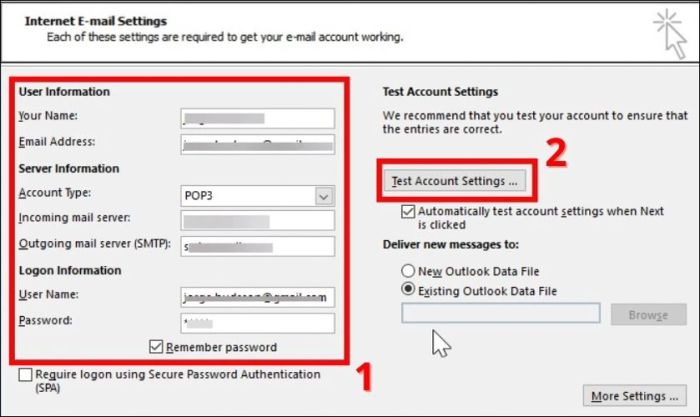 Chọn <strong>Test Account Settings</strong> để hệ thống kiểm tra tài khoản của bạn.