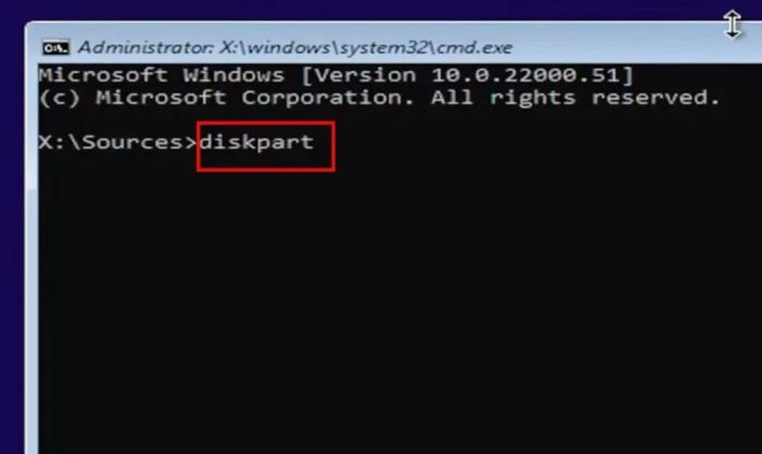 Trong cửa sổ Command Prompt, nhập lệnh diskpart và nhấn Enter