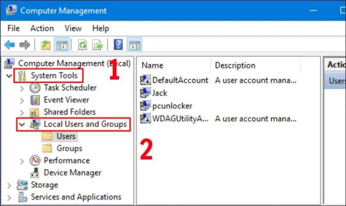Chọn mục Local Users and Groups, tiếp theo là chọn mục Users