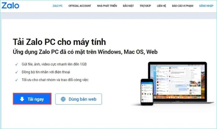 Khi trang web hiển thị, bạn click vào nút Tải ngay