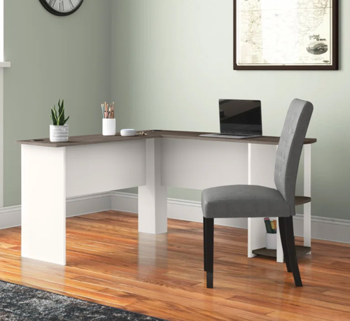 White corner desk positioned in an office setting