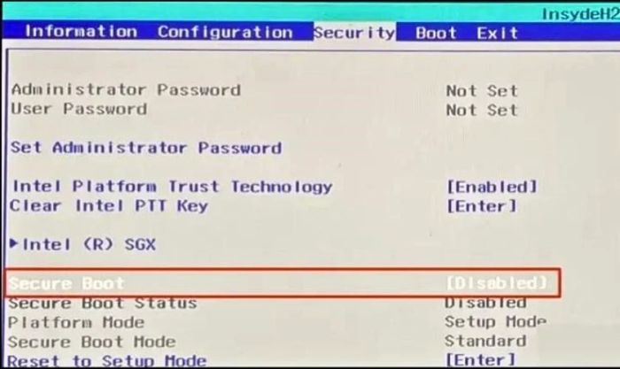 Đi đến phần Security, tìm tùy chọn Secure Boot. Đảm bảo rằng chế độ Enabled đã được bật.