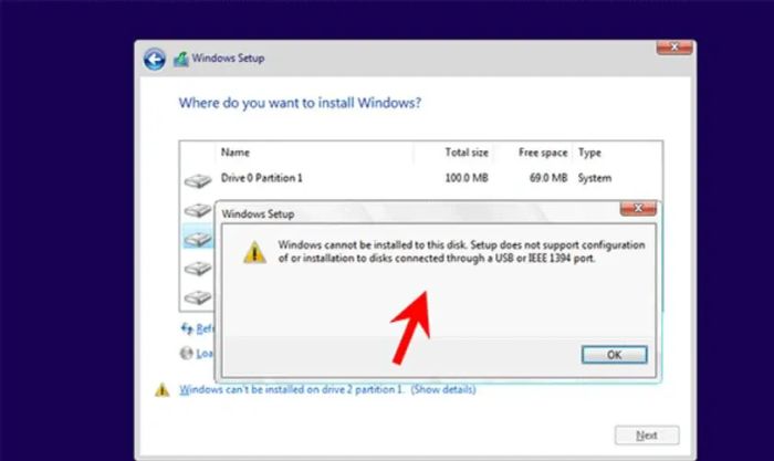 Lỗi Windows không thể cài đặt lên ổ đĩa này ảnh hưởng như thế nào?