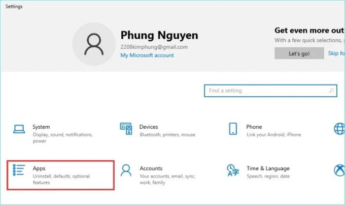 Chọn mục Các ứng dụng