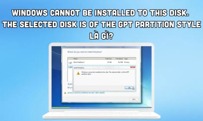 Lỗi Windows không thể cài đặt lên ổ đĩa này. Ổ đĩa được chọn sử dụng kiểu phân vùng GPT là lỗi gì?