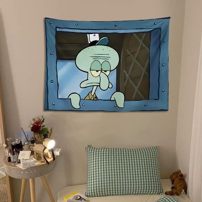 a tapestry of Squidward from SpongeBob staring out from his cashier window at The Krusty Krab