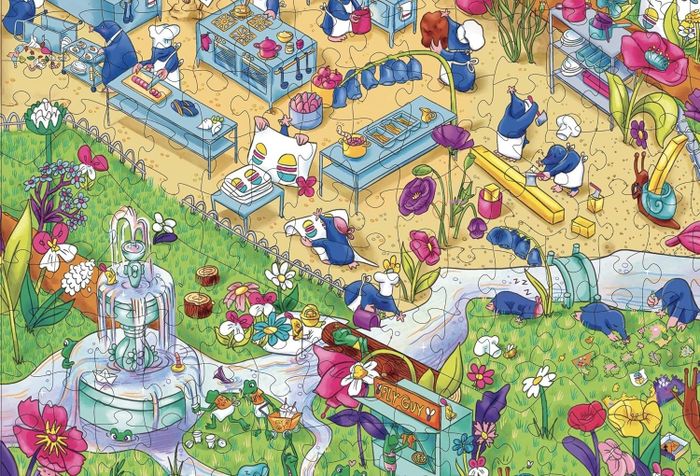 An illustrated scene of animal characters enjoying various activities in a lively garden and market setting. No text appears in the image