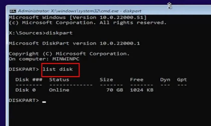Để liệt kê danh sách ổ đĩa, gõ lệnh list disk và nhấn Enter