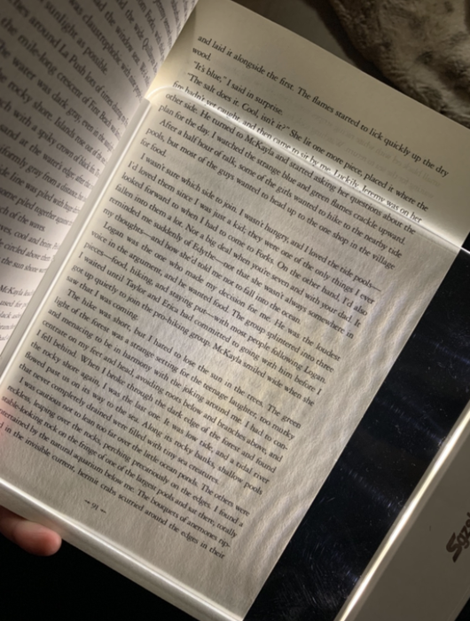 A reviewer carefully holding a book with a light illuminating the open page, creating the perfect reading ambiance.