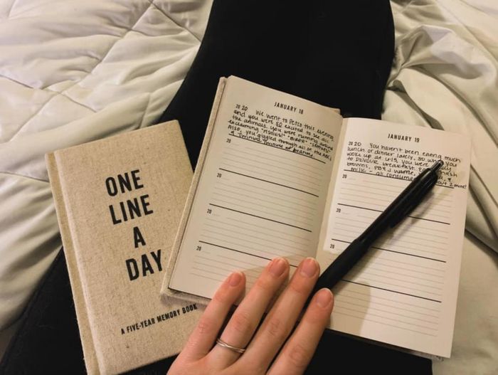 A reviewer’s journal with another open to show five small paragraph sections for daily reflections.