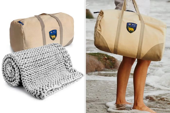An image showing a rolled-up gray blanket next to a travel bag, contrasted with a model standing on the beach with a travel bag in hand.