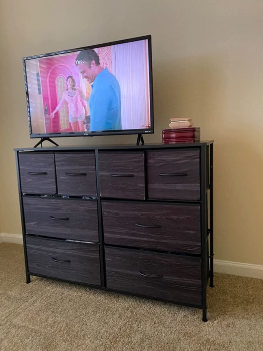 A reviewer’s dresser featuring fabric storage bins