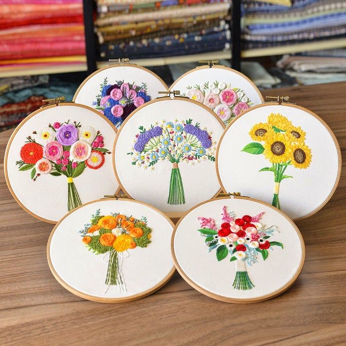 A set of seven bouquet embroidery patterns