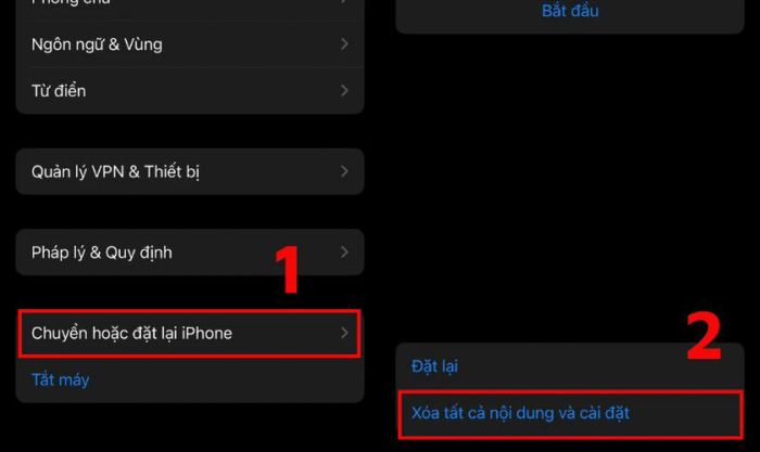 Nhấn Chuyển hoặc đặt lại iPhone rồi chọn Xóa tất cả nội dung và cài đặt
