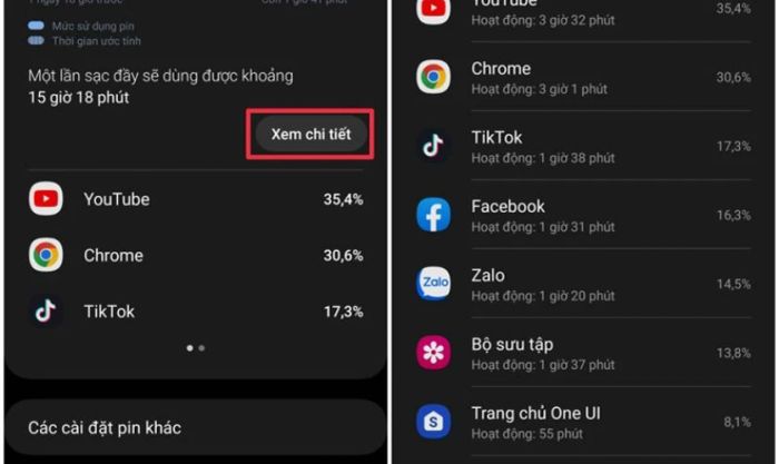 Danh sách các ứng dụng ngốn pin sẽ hiện ra tại đây.