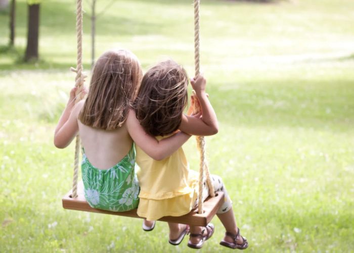 Two young girls enjoying a ride on a tree swing.