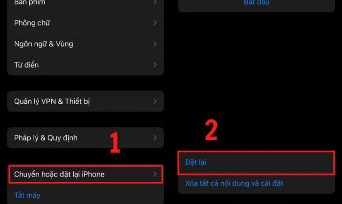 Nhấn Chuyển hoặc đặt lại iPhone và chọn Đặt lại