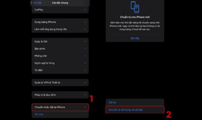 Chọn mục Xóa tất cả nội dung và cài đặt để đặt lại iPhone của bạn.