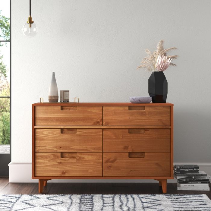 Brown six-drawer dresser with recessed drawer pulls