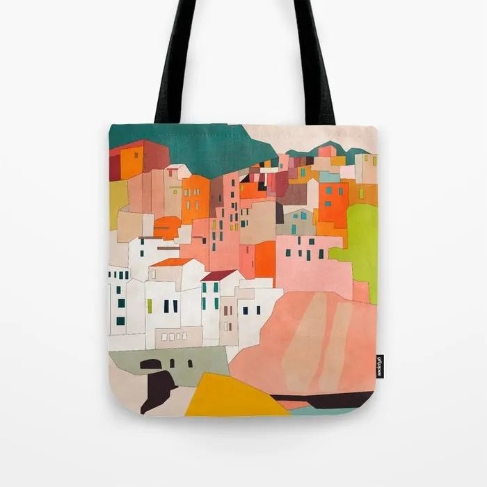 A tote bag showcasing the Amalfi Coast print.