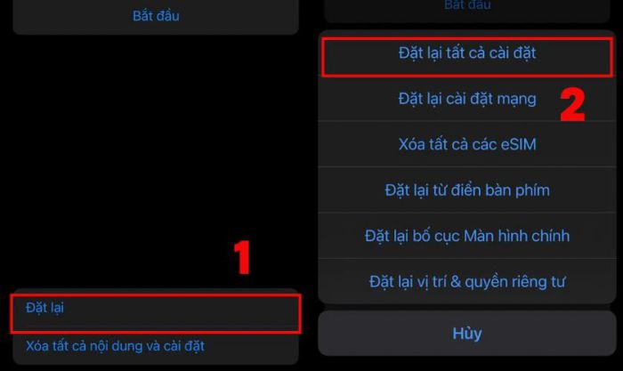 Chọn Đặt lại và nhấn Đặt lại tất cả Cài đặt