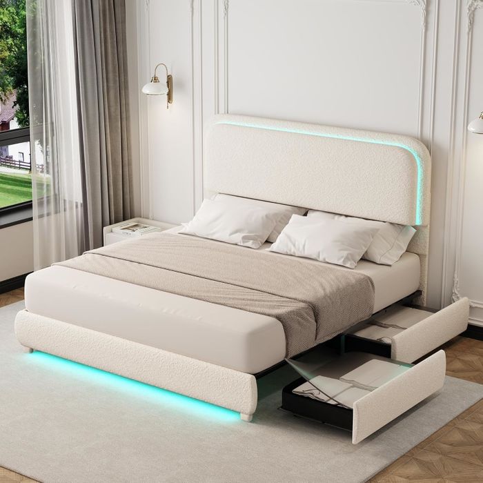 A modern bed featuring storage drawers and integrated LED lighting, set in a stylish and contemporary bedroom environment.