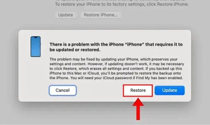 Trên iTunes/Finder, chọn thiết bị của bạn, rồi nhấn Restore và làm theo chỉ dẫn trên màn hình.