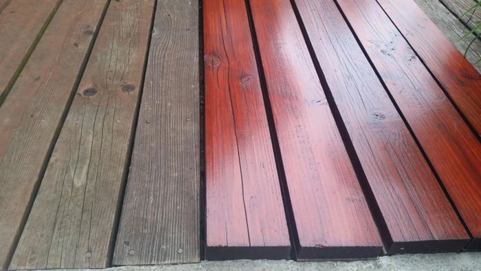 A before-and-after photo from a reviewer, displaying how the oil gave their deck a vibrant color and glossy finish.