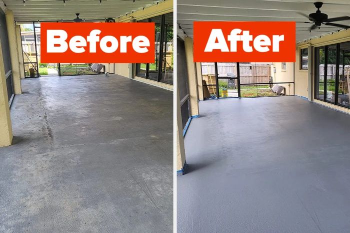 A before-and-after shot showing the concrete patio transformation after using the paint.