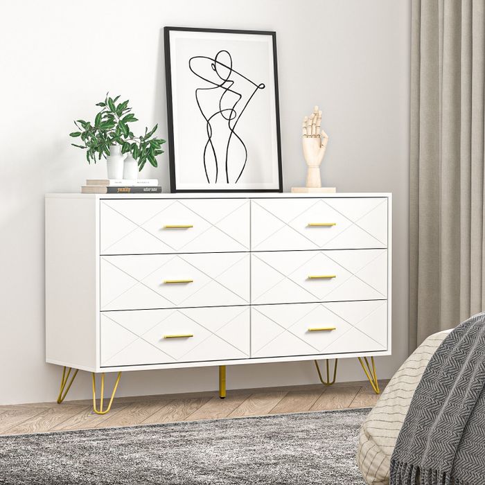 White six-drawer dresser featuring gold-tone drawer pulls